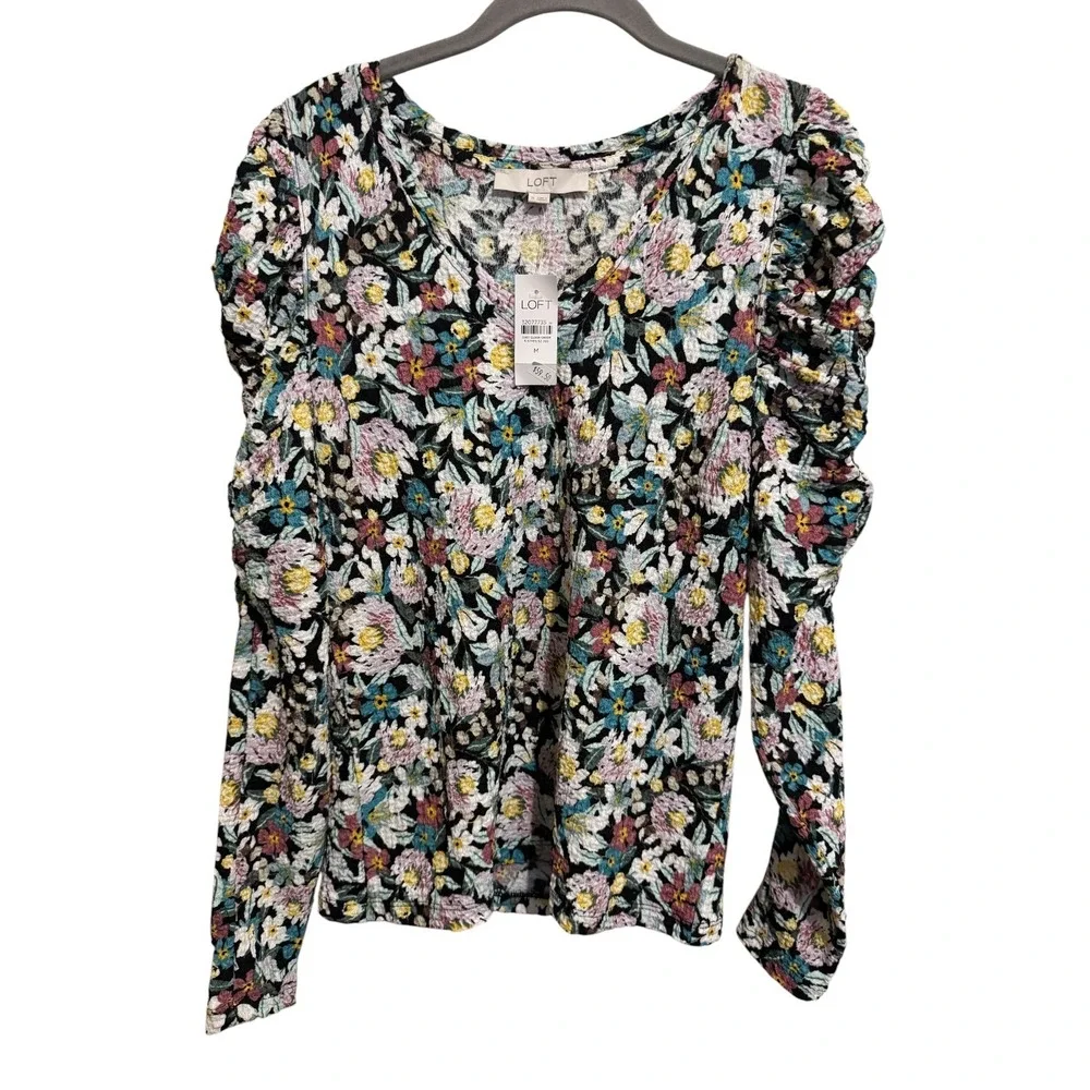 LOFT Floral Puff Sleeve Rushed Top Women's Size M Multicolor Fairy Cottagecore